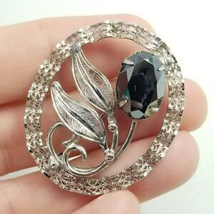 Vintage Sorrento Sterling Silver and Hematite Flower Brooch, Oval Shape, Estate